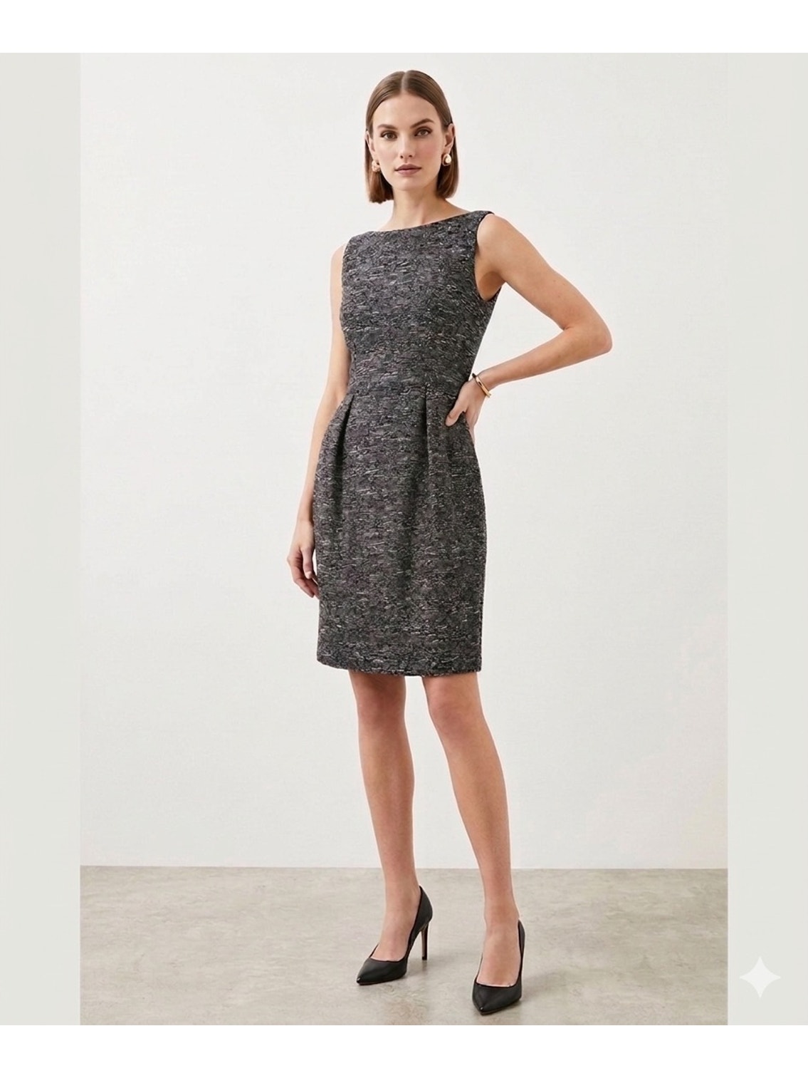 Karen Millen Gray Textured Metallic Tweed Sleeveless Pleated Shift Dress Size 6